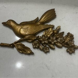Vintage MCM Syroco Gold Bird Dogwood Wall Plaque Branch Flowers 1967 13”